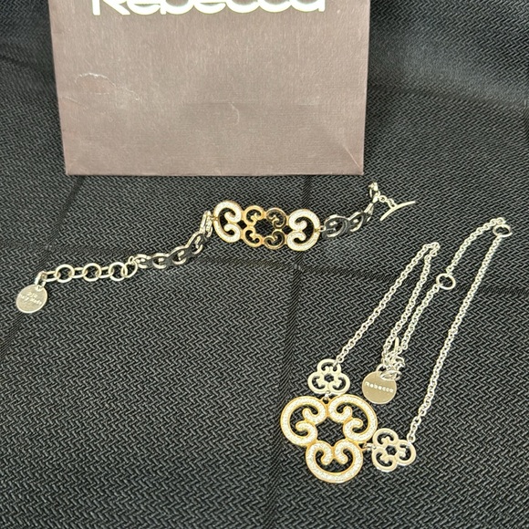 Rebecca Gold and Silver Bracelet & Necklace featuring white shimmering inlay. - Picture 5 of 7
